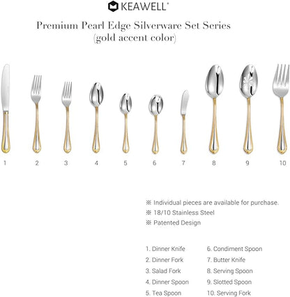 KEAWELL Pearl Edge Premium 20-Piece Refined Bead Silverware Set, 18/10 Stainless Steel, Service for 4, Fine Flatware Set, Dishwasher Safe (20, Gold Accent)