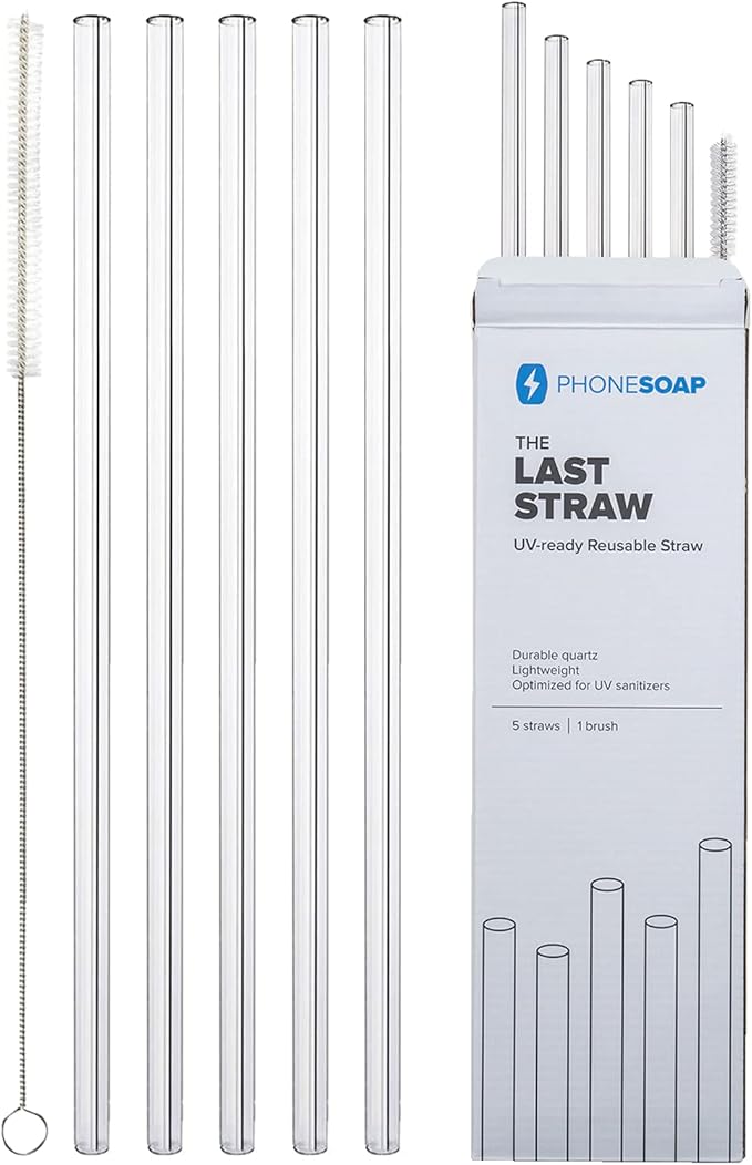 PhoneSoap Last Straw 12" Long Reusable Drinking Straws for Cold & Hot Drinks - Clear Quartz, Dishwasher Safe, Easy to Clean - 5 Pack With Cleaning Brush
