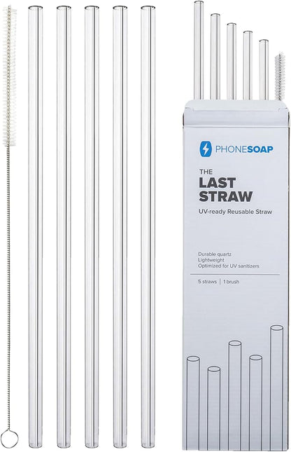 PhoneSoap Last Straw 12" Long Reusable Drinking Straws for Cold & Hot Drinks - Clear Quartz, Dishwasher Safe, Easy to Clean - 5 Pack With Cleaning Brush