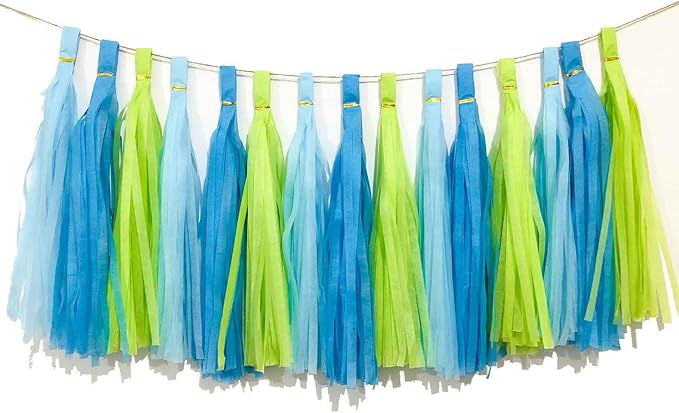 We Moment Green Blue and Light Blue Tissue Paper Tassels Party Tassel Garland Banner for Baby Shower Green Blue Party Decorations, DIY Kits,15PCS