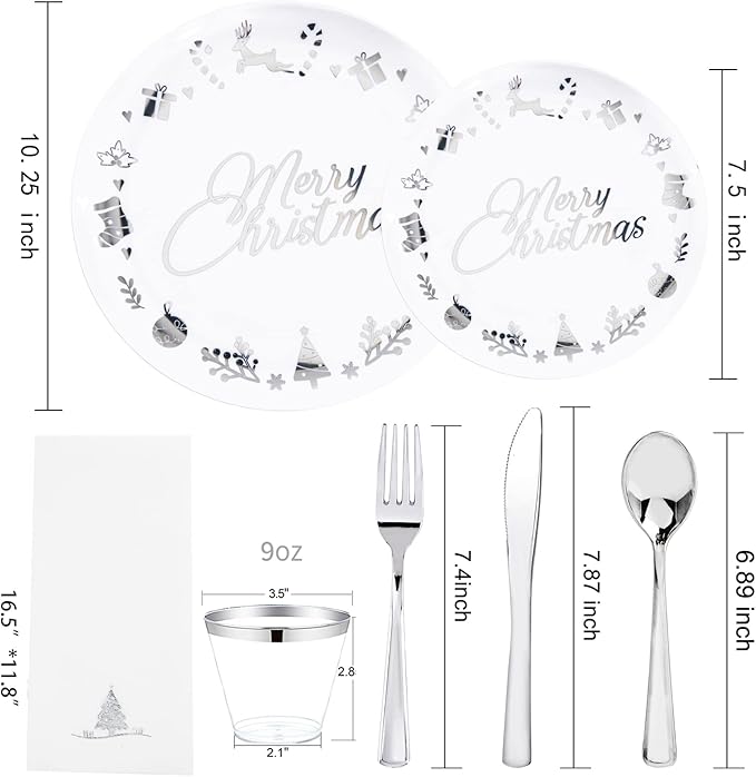 Ciaell 175PCS Christmas Plastic Plates - White and Silver Plastic Plates for 25 Guests - Include 50 Disposable Plate, 25 Knives, 25 Spoons, 25 Forks and 25 Christmas Tree Napkins for Xmas Party
