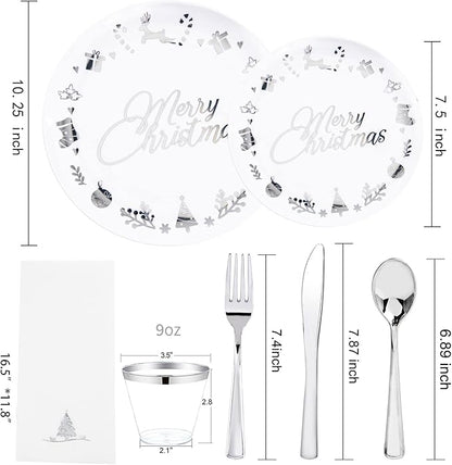 Ciaell 175PCS Christmas Plastic Plates - White and Silver Plastic Plates for 25 Guests - Include 50 Disposable Plate, 25 Knives, 25 Spoons, 25 Forks and 25 Christmas Tree Napkins for Xmas Party