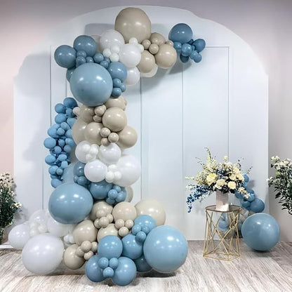 Dusty Blue White Sand Balloon Arch Garland Kit-145pcs Neutral Nude Dusty Blue Balloons for Birthday, Christening, Baby Shower, Bridal Shower, Baptism Decorations