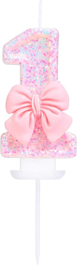 Pink Number 1 Candle for First Birthday Cakes, Pink Sequins and Bowtie 1 Birthday Candle for Girls Pastel Sweet Theme Birthday Party or Adults Milestone Age Decoration