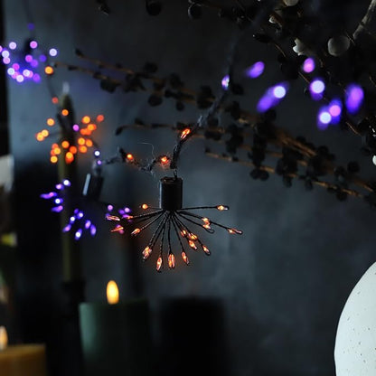 8 Clusters Firework Lights 10FT Battery Operated Orange and Purple Fairy Lights with Remote 200LED Decorative Fall Lights for Indoor Outdoor Garden Halloween Decorations