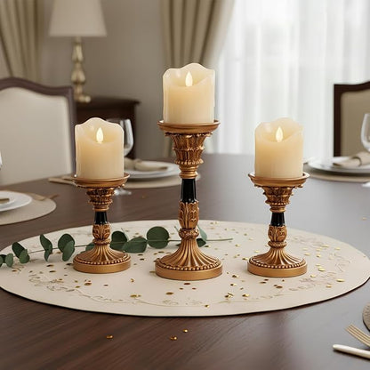 Vintage Candle Holders Set of 3 – Hand-Painted Resin Pillar Candle Stands – Antique Gold Decorative Candle Holder Set for Table Centerpiece, Mantel, Wedding, and Home Decor