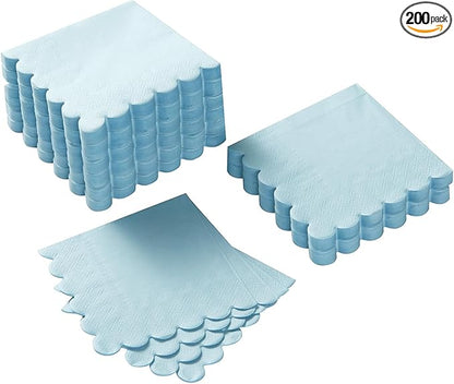 200 Pack Cocktail Napkin 2-Ply Scalloped Edged Dessert Napkins Folded 5 x 5 Inches Disposable Napkins for Dinner Wedding Birthday Party Bridal Anniversary Reception Event (Light Blue)