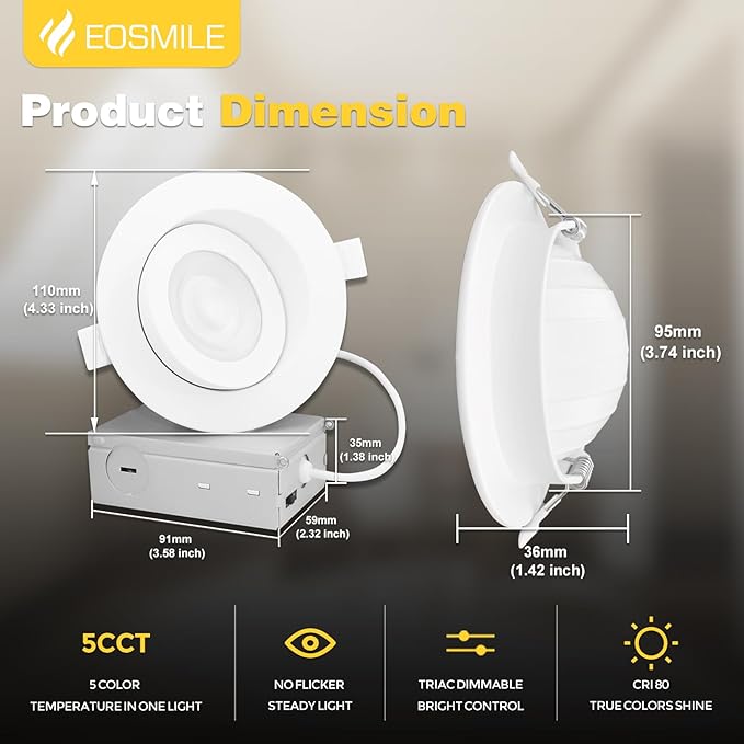 4 Inch 12 Pack Gimbal LED Recessed Lighting, 12W 1100LM CRI90+, 360°&90° Adjustable Eyeball Directional Wafer, 2700K 3000K 3500K 4000K 5000K Selectable, ETL&FCC