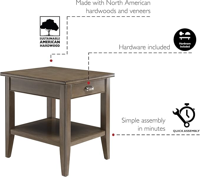 Leick Home Laurent End Table, Solid Wood, with Shelf and Drawer, Smoke Gray, 10507-GR