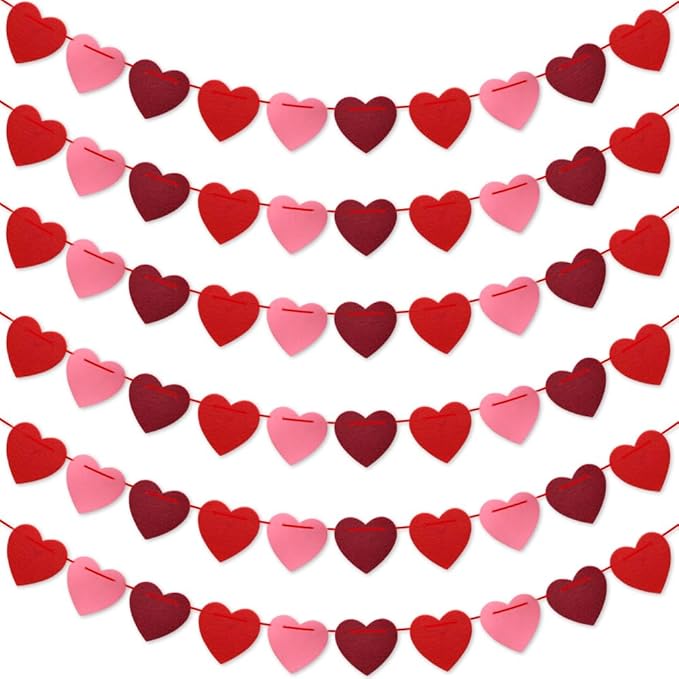 Valentines Day Decorations, Valentines Day Garland - Felt Heart Garland Banner for Mantle, Wall, Party Valentine Decorations - Hanging Hearts Decorations for Valentine Decor, 6 Strips