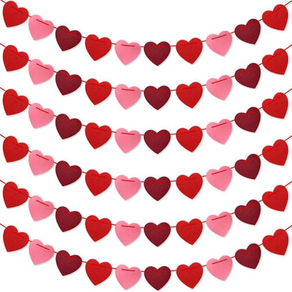 Valentines Day Decorations, Valentines Day Garland - Felt Heart Garland Banner for Mantle, Wall, Party Valentine Decorations - Hanging Hearts Decorations for Valentine Decor, 6 Strips