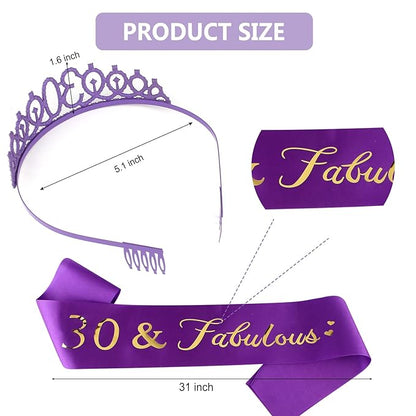 CIEHER 30th Birthday Decorations - Sash, Crown, Tiara, Cake Topper, Photo Booth Props & Party Supplies in Purple