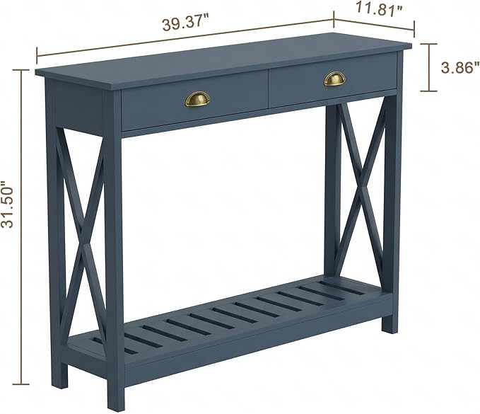 ChooChoo Console Table with Drawer for Entryway, Narrow Long Entry Table with Shelf for Living Room, Rustic Vintage Hallway Sofa Table with Stable X Supports, 40 Blue