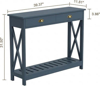 ChooChoo Console Table with Drawer for Entryway, Narrow Long Entry Table with Shelf for Living Room, Rustic Vintage Hallway Sofa Table with Stable X Supports, 40 Blue
