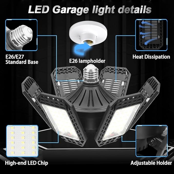 2 Pack Garage Light, 200W 20000LM 6500K LED Shop Lights, Garage Lights Ceiling Led with 6+1 Deformable Panels, Screw in E26/E27 Socket Bulb for Warehouse, Workshop, Basement, Barn Lighting