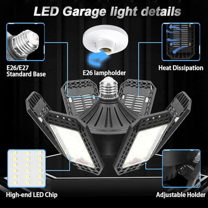 2 Pack Garage Light, 200W 20000LM 6500K LED Shop Lights, Garage Lights Ceiling Led with 6+1 Deformable Panels, Screw in E26/E27 Socket Bulb for Warehouse, Workshop, Basement, Barn Lighting