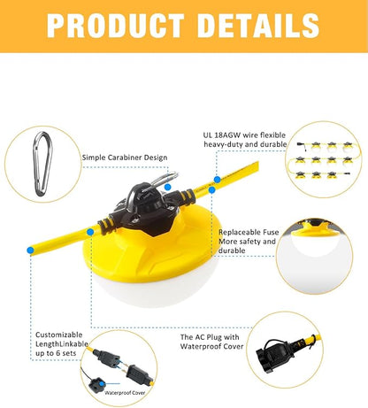 100FT Construction String Light 130W 16000Lm, 5000K Industrial Grade LED String Work lights, IP65 Waterproof Temporary Lighting for Construction Sites, Renovation, Mine Cave, Job Site, Walkways