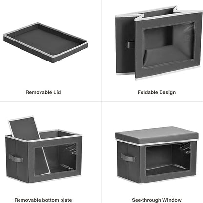 Stackable Storage Bins with Lids - Medium Storage Box with Lids, Foldable Closet Boxes for Organizing, Wardrobe Clothes Organizer with Window, Cubes Bins for Living Room, 5 Pack, Dark Grey