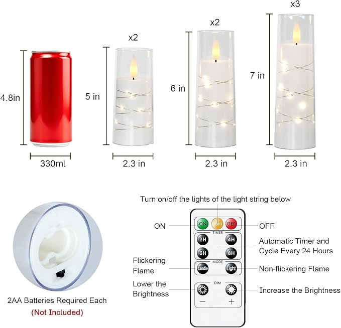 Raycare Flameless Candle with Remote Timer, 7 Flickering Acrylic Battery Operated LED Pillar Candles with Embedded Star String for Christmas, Home Decor, and as a Gift(White)