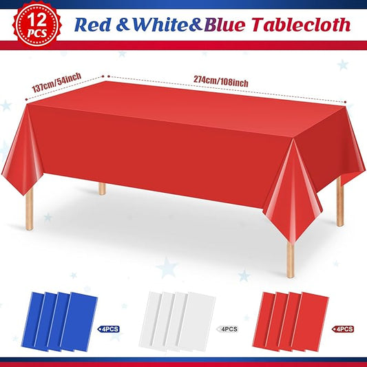 12 Pack 4th of July Tablecloths, Red White and Blue Disposable Plastic Tablecloth, Rectangle Table Cover for Patriotic Independence Day Memorial Day Veterans Day Party Decorations, 54 x 108 Inch