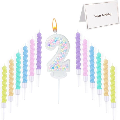Number Birthday Candle with 12PCS Spiral Candles and A Birthday Card - Perfect for Celebrating Birthdays (Macaron Glitter, Number 2)