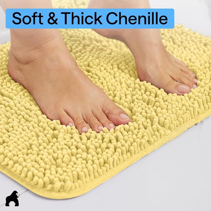 GORILLA GRIP Bath Rug Mat 60x24, Thick Soft Absorbent Chenille, Quick Dry Microfiber Mats, Rubber Backing Washable Shower Floor Rugs, Bathmat Runner, US Designed Bathroom Home Decor Accessories Yellow
