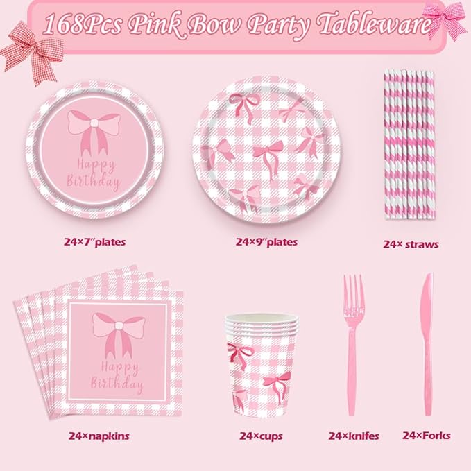168Pcs Pink Bow Birthday Decorations Party Supplies Include Pink Bow Birthday Plates Napkins Cups Cutlery Straws Bow Theme Tableware Party Supplies for Girls Women, Serves 24