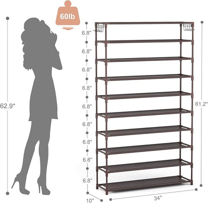 LANTEFUL 10 Tiers Shoe Rack 50 Pairs Large Capacity Tall Shoe Organizer Sturdy Shoe Storage with Two Hooks Space Saving Metal Wide Shoe Rack for Closet, Entryway, Bedroom, Brown
