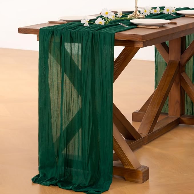 Socomi 6pcs Emerald Green Cheesecloth Table Runner Fall Thanksgiving Boho Rustic Gauze 120 inch 10FT Cheese Cloth Runner for Wedding Party Baby Shower Birthday Home Decor Holiday Decorations