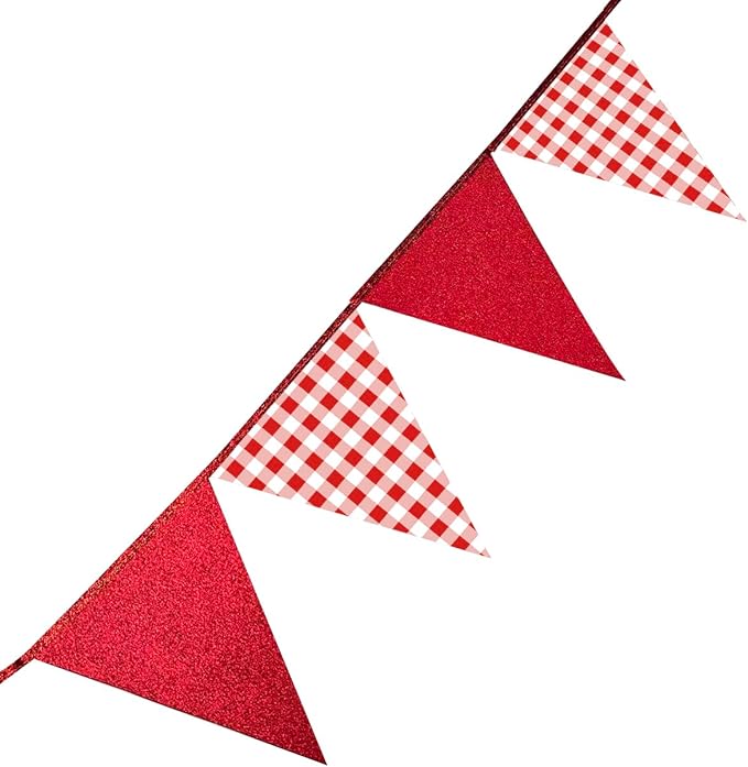 Red Buffalo Plaid Party Decorations Pennant Banner Flag Hanging Red Glitter Paper Triangle Bunting for Birthday Anniversary Baby Shower Wedding Bridal Shower Christmas Holiday Party Decor Supplies