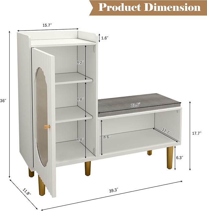 HLR Storage Bench Set of 2, White Modern Entryway Shoe Cabinet Bench with Glass Door&Shelf, L-Shaped Storage Cabinet with Padded Seat for Hallway, Bedroom, Living Room, Office