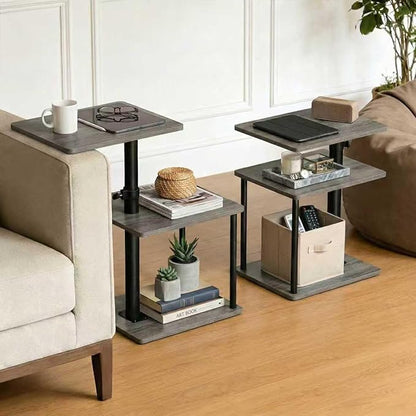 Swivel Side Table for Couch Arm, Adjustable C End Table for Recliner or Bed, Tv Trays with Storage Shelf for Small Spaces Small Nightstand Table for Living Room, Bedroom，2pc