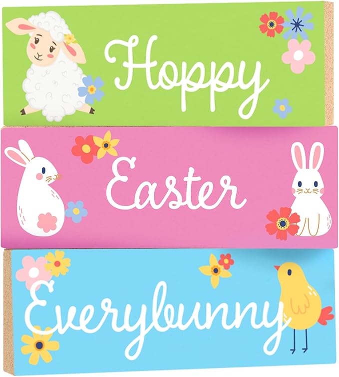Hoppy Easter Everybunny Wooden Block Sign Set - 3pc Easter Tiered Tray Decor, Spring Tabletop Decorations, Bunny & Chick Signs for Mantel, Shelf, Home Accents
