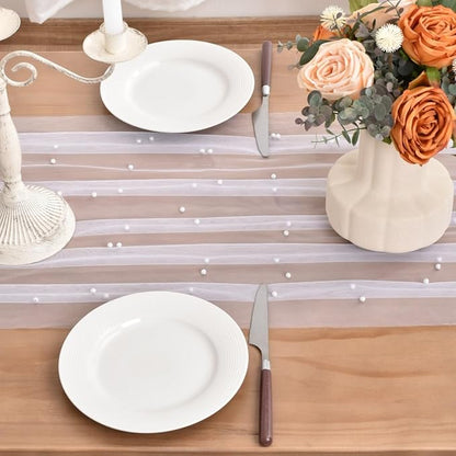 White Pearl Fall Thanksgiving Table Runner Boho Rustic Tulle Lace Table Runner for Baby Shower Wedding Arch Decor Veil Dessert Table Decor 3pcs