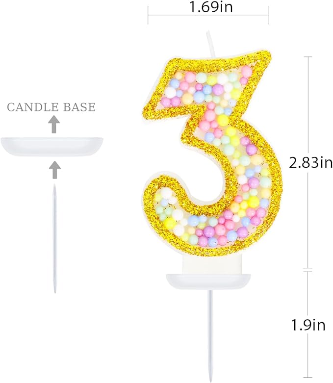 3rd Birthday Candle for Cake, Colorful Macaron Numeral Candles for Girls/Boys, Birthday Party Cake Decorations, Golden Cake Topper for Birthday Party Supplies (Number 3)