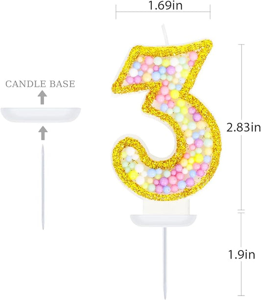 3rd Birthday Candle for Cake, Colorful Macaron Numeral Candles for Girls/Boys, Birthday Party Cake Decorations, Golden Cake Topper for Birthday Party Supplies (Number 3)