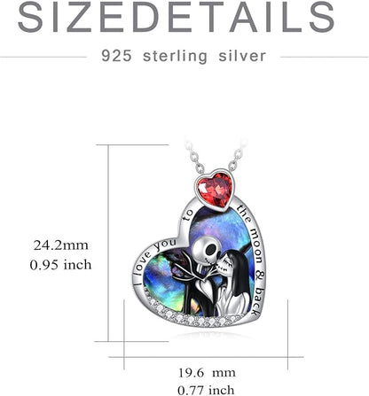 LILALO Christmas Gifts Nightmare Necklace Sterling Silver Abalone Shell Crystal Jack and Sally Necklace Jack Skellington Skull Jewelry Skull Necklaces for Women