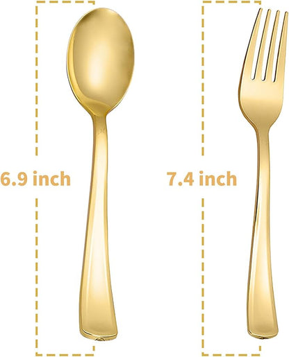 N9R 100PCS Gold Plastic Silverware, Heavy Duty Disposable Cutlery Set for Parties, Disposable Plastic Spoons and Forks Includes 50 Gold Spoons and 50 Forks for Weddings, Birthday, Dinners