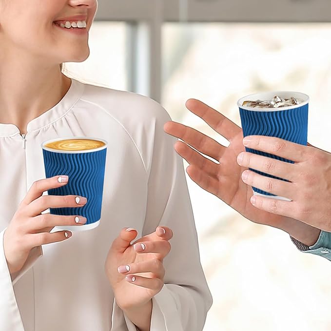 Lamosi 16 oz Coffee Cups - 90 Pack, Disposable Insulated Corrugated Paper Cups 16oz, Kraft Ripple Wall Cups for Hot Beverage or Cold Drinks (Navy)