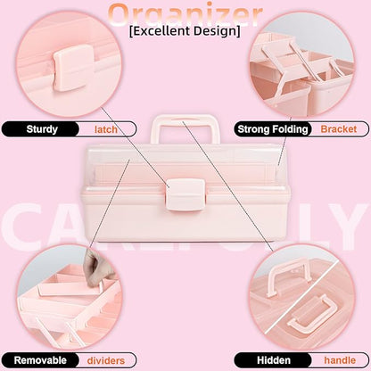 14in 3-Layer Multipurpose Craft Organizers and Storage with Adjustable Dividers, Portable Tackle Box, Folding Art & Craft Case for Medicine, Tool, Sewing Organizer (Pink, X-Large)