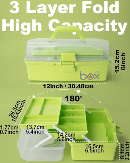 12in 3-Layer Plastic Craft Organizers and Storage, Portable Folding Tackle Box with Handle & Adjustable Dividers, Multipurpose Case for Sewing, Art Supplies, Medicine, Tools (Green)