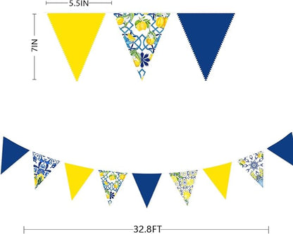 32Ft Capri Lemon Party Decorations Blue Tiles Yellow Lemon Fabric Pennant Banner Triangle Flag Garland Streamer for Amalfi Coast Capri Yellow Blue Tiles Mediterranean Birthday Baby Shower Supplies