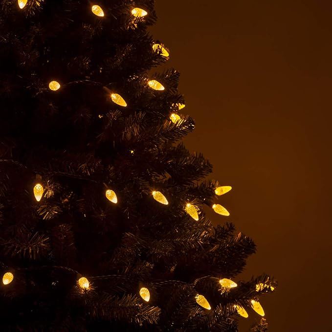 Wintergreen Lighting 24 ft 70 Count C6 Faceted Gold LED Christmas Lights, Green Wire Indoor/Outdoor Commercial Grade String for Holiday Decor