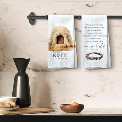 He is Risen Easter Kitchen Towels Set of 2, Christian Easter Hand Towels, EasterBible Verse Dish Towels Tea Towels for Kitchen, Religious EasterGifts, EasterKitchen Bathroom Decor, 16x24 Inch