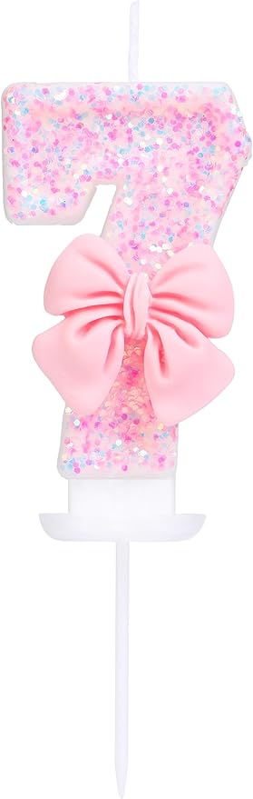 Number 7 Birthday Candle with Pink Sequins and Bowtie, Pink 7 Cake Topper Decoration for Girls Pastel Sweet Theme Birthday Party or Adults Milestone Age 7