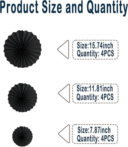 HQZ Black Party Hanging Fans DIY Set - 12pcs Set Pinwheels Fan DIY Paper Craft for Wedding, Birthday, Christmas Party Decoration