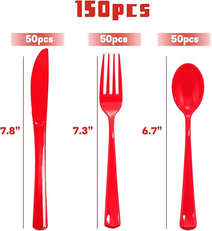 150 Pack Red Plastic Silverware, Red Plastic Utensils, Disposable Cutlery Heavy Duty, 50 Forks, 50 Spoons, 50 Knives for Birthday, Graduation Party, Flag Day, 4th of July