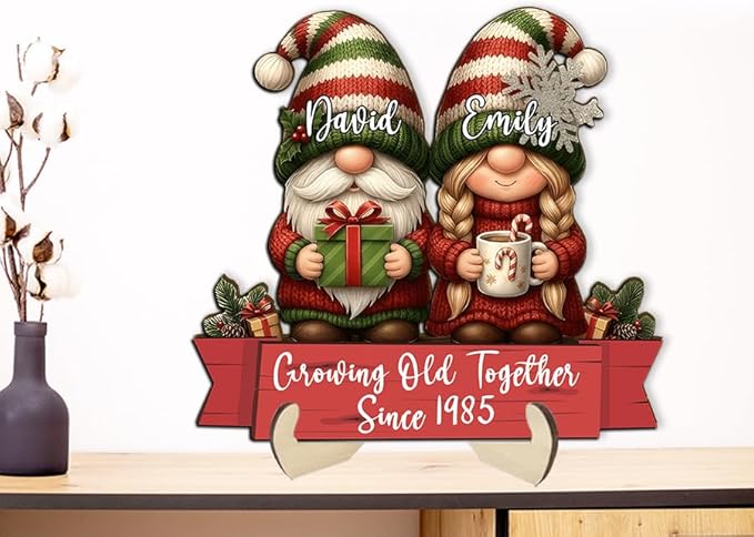 Growing Old Together Gnomes Wooden Plaque, Personalized Gifts for Him Her Husband Wife, Custom Wood Sign Anniversary Couples Gift, Christmas Gift For Parents, Grandparents Decorations Sign 25
