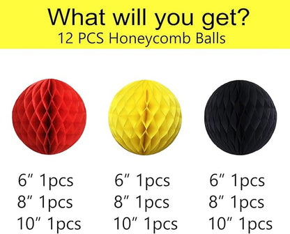 Capesaro 12pcs Red Black Yellow Hanging Honeycomb Birthday Party Decorations for Kids(6" 8" 10" Red Black Yellow Set)