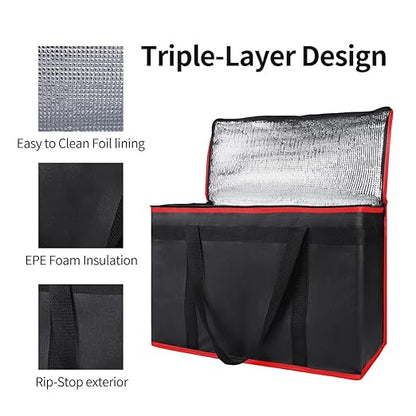 Bodaon Insulated Food Delivery Bag, XX-Large Reusable Grocery Shopping Bags, Picnic Cooler Bag Zipper/Zippered Top Cold, Black with Red Edge, 1-Pack